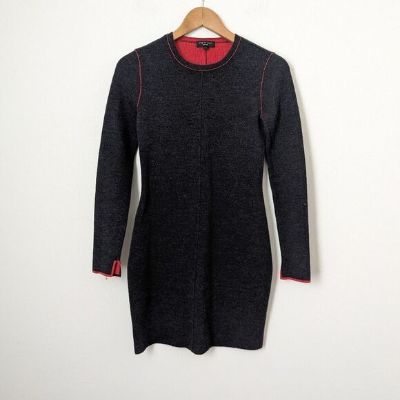 Rag & Bone charcoal grey red seam 100% Merino Wool long sleeve mini dress - Picture 2 of 6